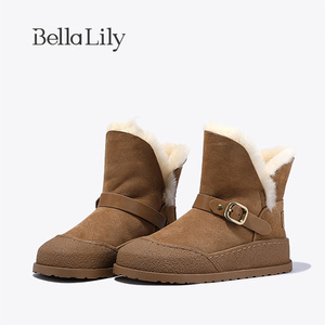 BellaLily春季新款加绒雪地靴女羊皮毛一体中筒靴保暖时装靴