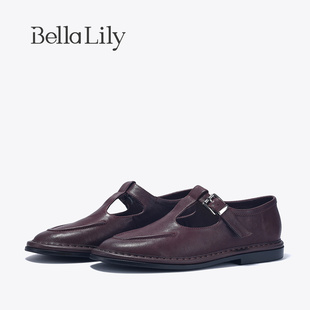 T字带平底鞋 BellaLily2025春季 女通勤单鞋 新款 英伦风牛皮玛丽珍鞋