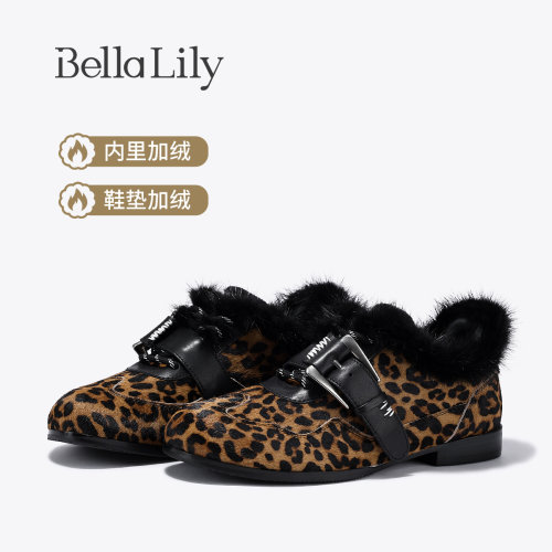 BellaLily2026冬季新款美拉德豹纹设计德训鞋加绒保暖时髦休闲鞋