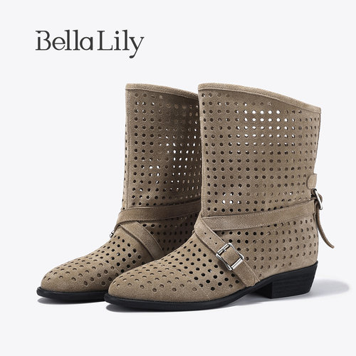 BellaLily2026春季新款复古镂空设计感马丁靴时尚气质显瘦中筒靴