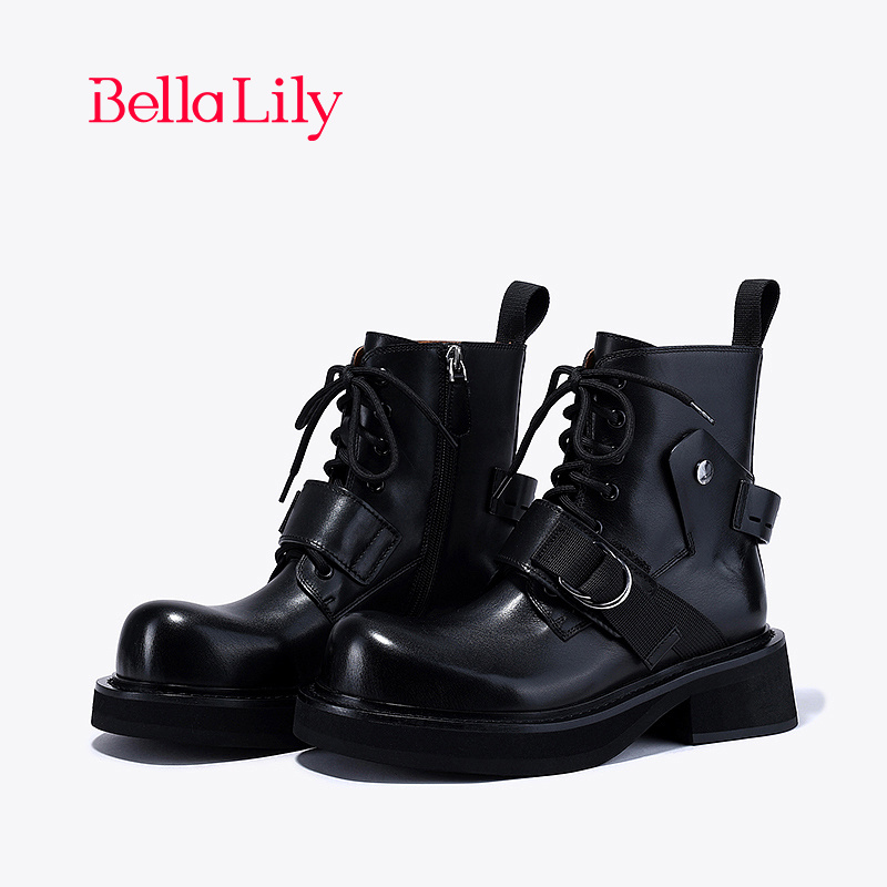 bellalily英伦粗跟牛皮马丁靴
