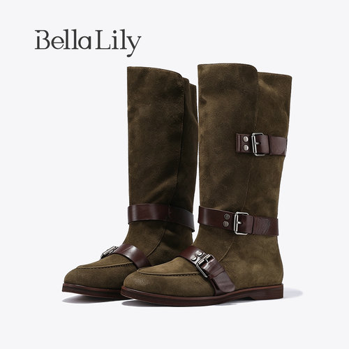 BellaLily2026秋新款韩版小众复古真皮高筒时装靴潮流时尚骑士靴