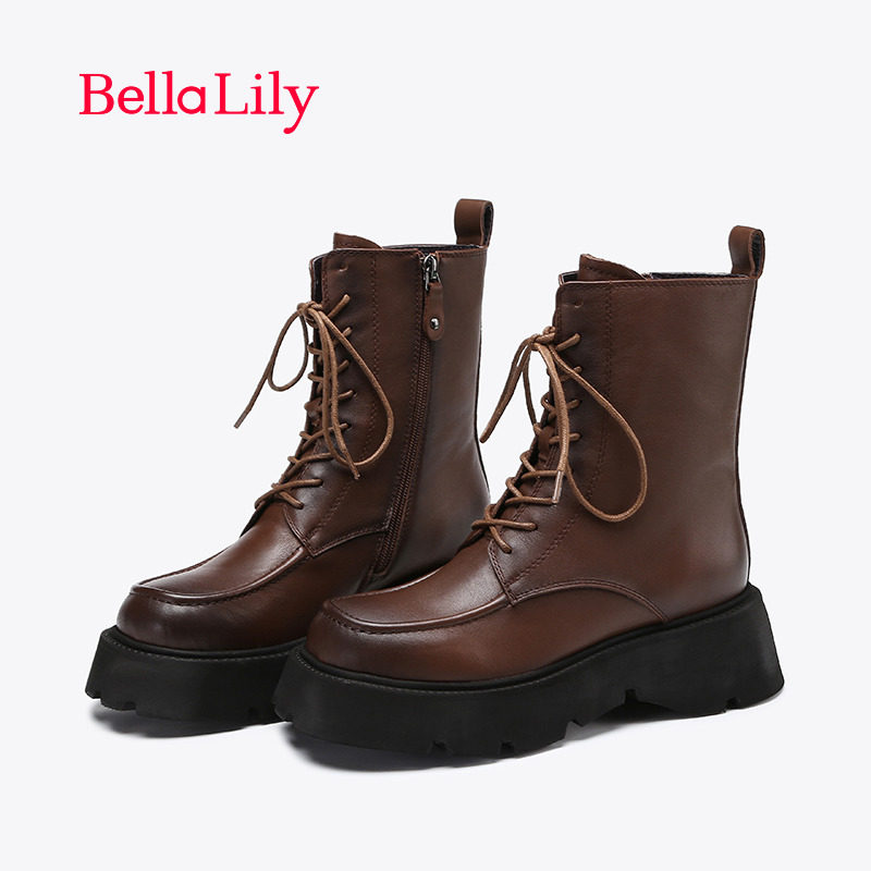 bellalily欧美时尚纯色马丁靴秋新款时装靴前系带松糕底女靴