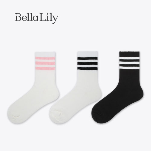bellalily透气抗菌条纹中筒棉袜