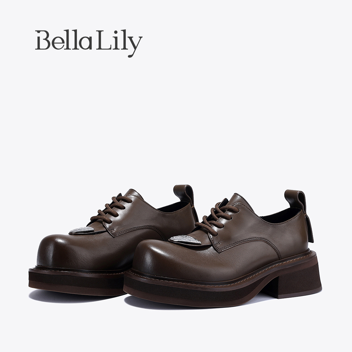 bellalily英伦粗跟增高小皮鞋