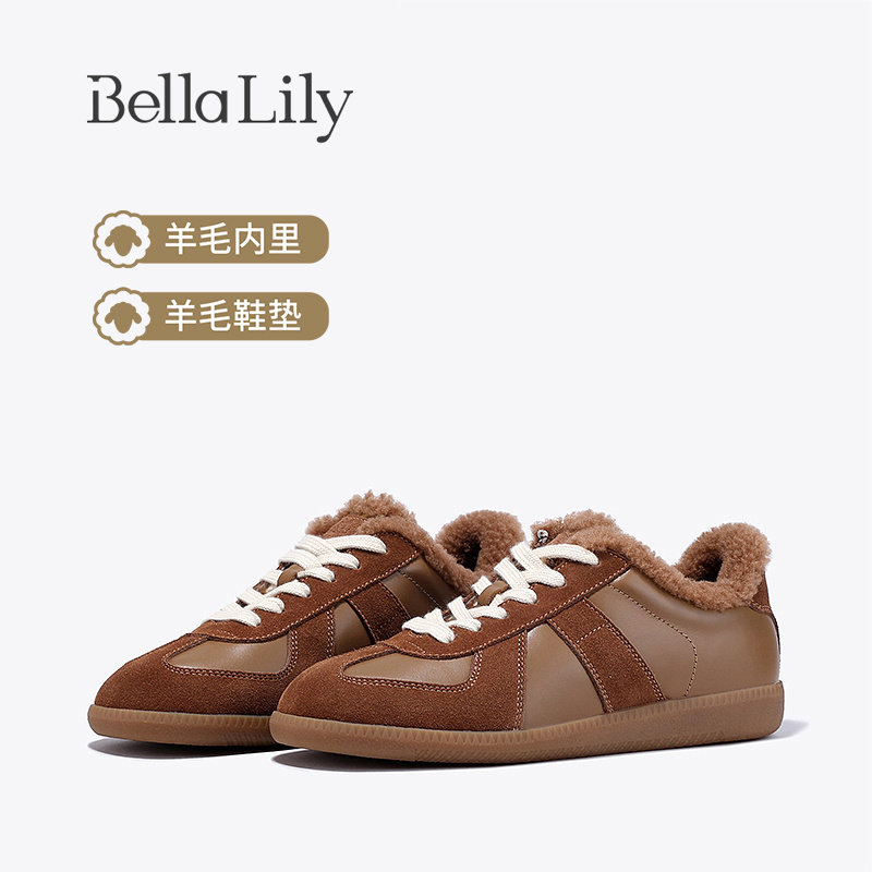 BellaLily新款平底加绒德训鞋女羊毛毛绒单鞋潮流休闲鞋
