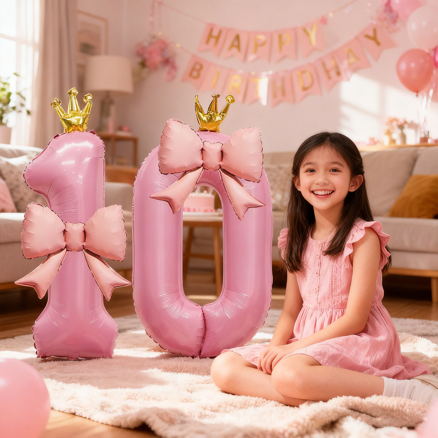 女孩公主10岁20岁粉色皇冠数字蝴蝶结气球生日快乐派对装饰品布置