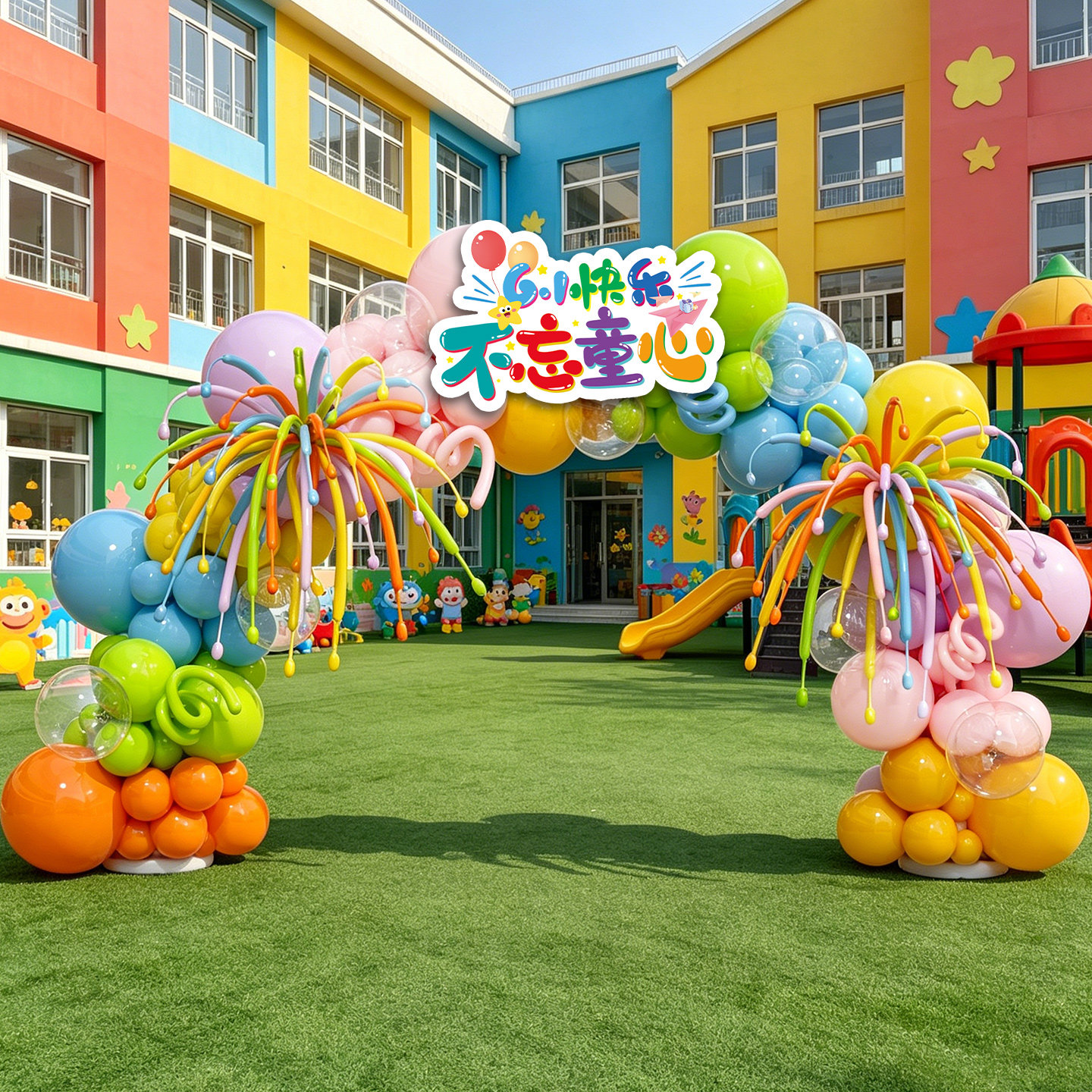 幼儿园六一儿童节活动学校门口气球拱门运动会开幕式装饰场景布置