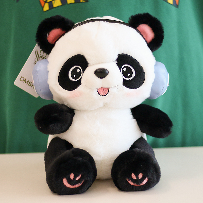 正版哆萌可爱戴耳麦熊猫毛绒玩具公仔玩偶成都基地同款生日礼物萌