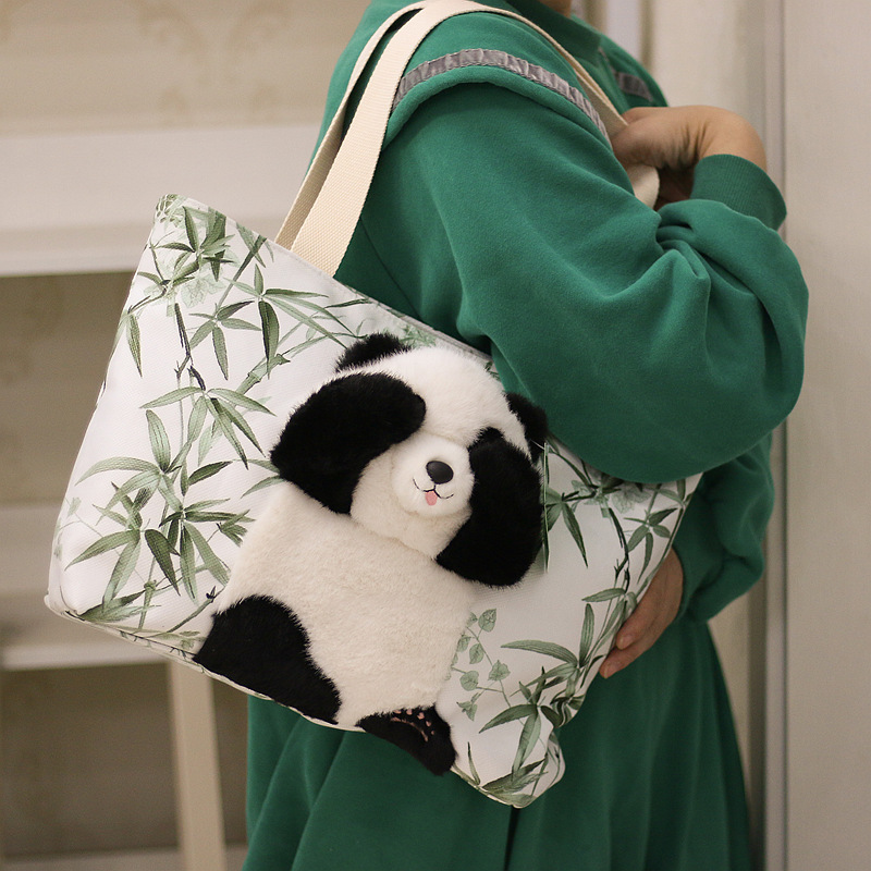 正版可爱躲猫猫花花毛绒玩具熊猫仿水貂毛拎包单肩包成都基地同款