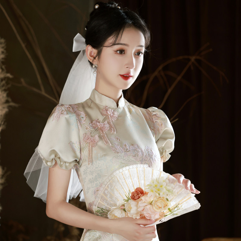 粉色旗袍订婚礼服女夏季法式小个子改良年轻款少女高级感连衣裙