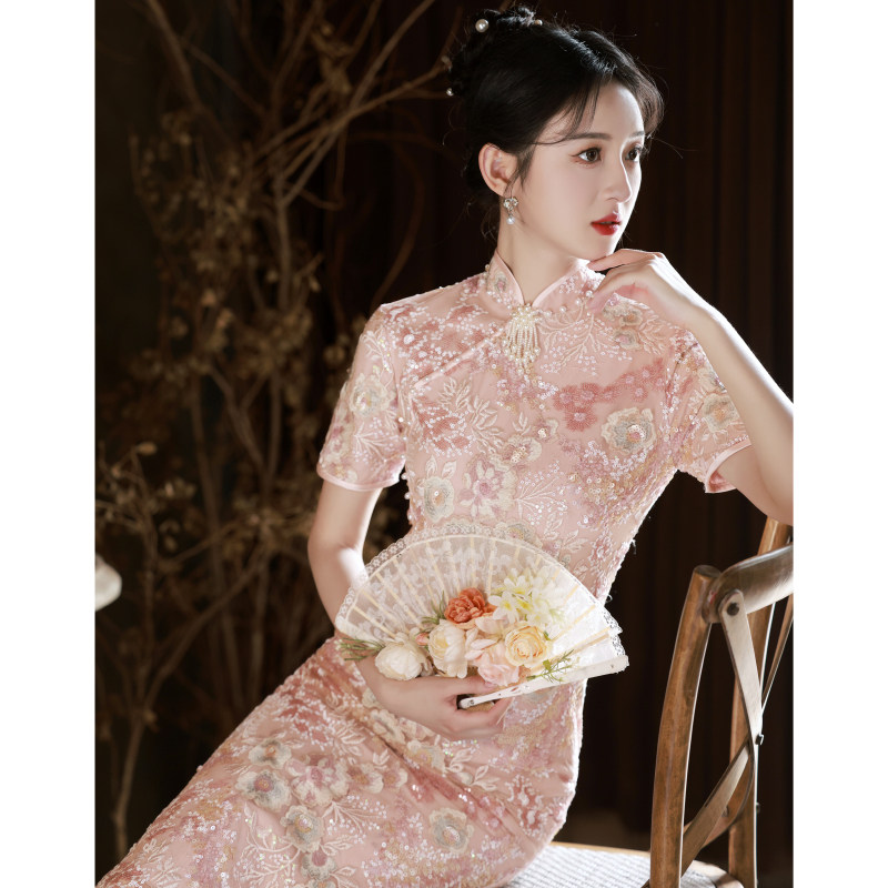 粉色旗袍刺绣敬酒服新娘高级感中式订婚礼服女夏高端轻奢小众高定