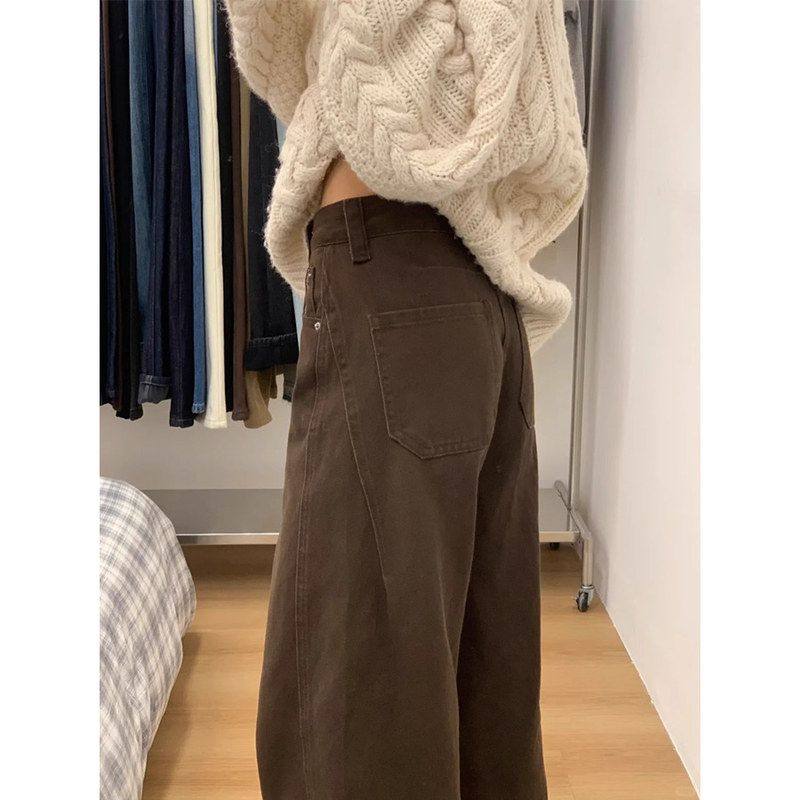 棕咖色阔腿弯刀牛仔裤女大码胖mm秋冬宽松显瘦小众设计感直筒长裤
