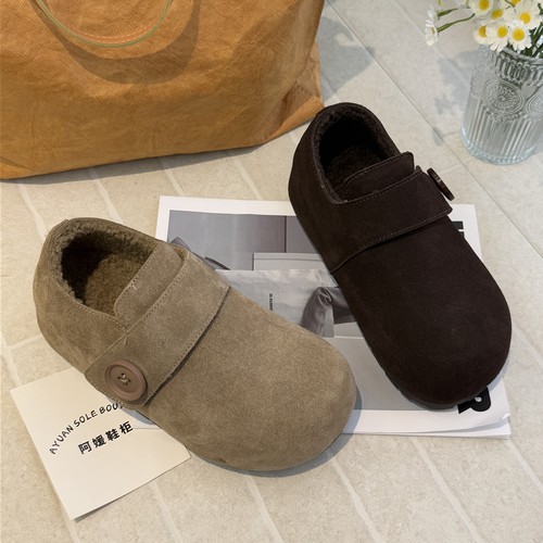 TATAFOCUS~魔术贴5厘米2025冬季一脚蹬反绒皮勃肯鞋加绒棉鞋781-1