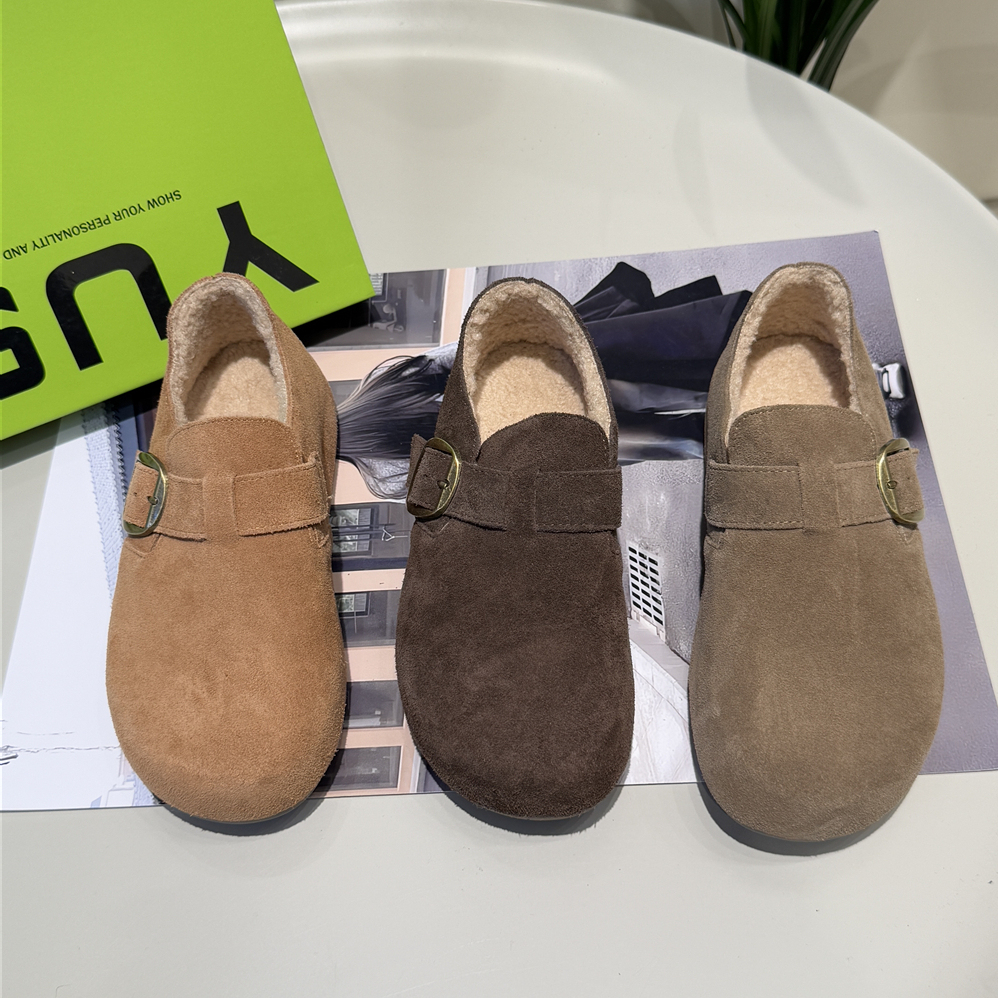 与涩~平底3厘米2025冬季款一脚蹬反绒皮勃肯鞋加绒棉鞋D5502-13