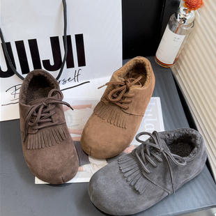 厚底4厘米2025冬季 G79 款 加绒棉鞋 171B 一脚蹬反绒皮流苏勃肯鞋