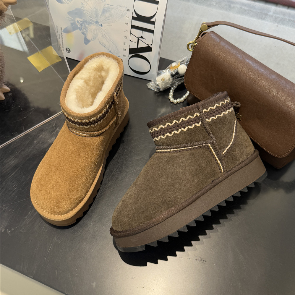 蝶澳~厚底雪地靴女冬季加绒保暖反绒皮短筒百搭毛绒棉鞋B83-115