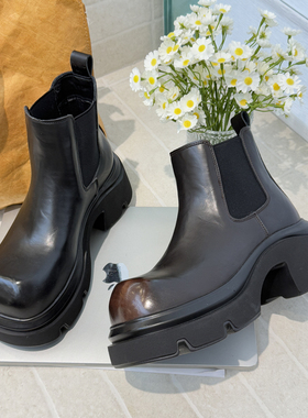 MONIKA真皮厚底切尔西靴女短靴增高英伦风瘦瘦靴一脚蹬M5189-09