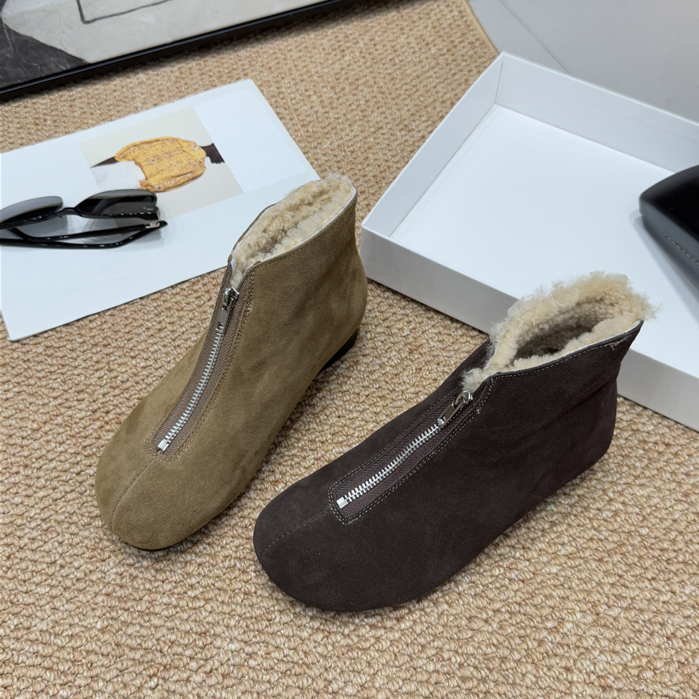 茉妮卡~反绒皮羊羔毛前拉链雪地靴冬加绒保暖短靴毛绒靴子5052-72