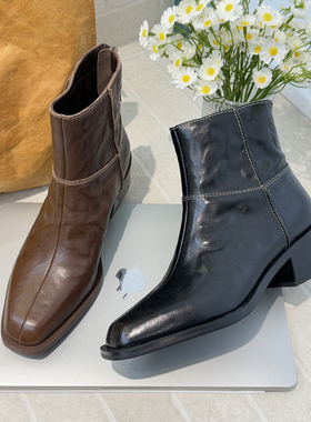 MONIKA头层小牛皮方头粗跟短靴女后拉链时装靴显瘦瘦瘦靴S5116-11