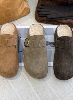 TATAFOCUS~加绒棉鞋2025冬真皮勃肯鞋平底一脚蹬包头拖鞋2572-16