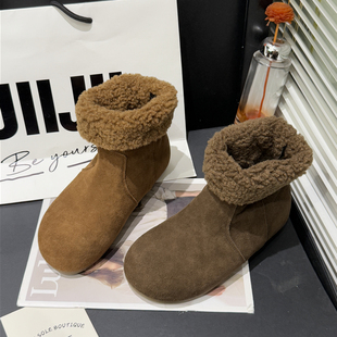 短靴棉靴289 加绒保暖勃肯鞋 175 翻边毛毛雪地靴女反绒皮冬季 圆典