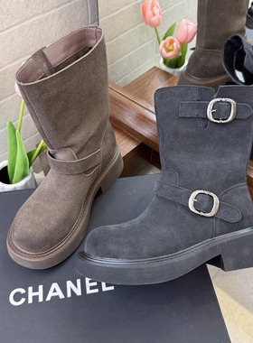 TATAFOCUS~2025新款磨砂皮厚底西部牛仔靴中筒骑士靴机车靴9237-1