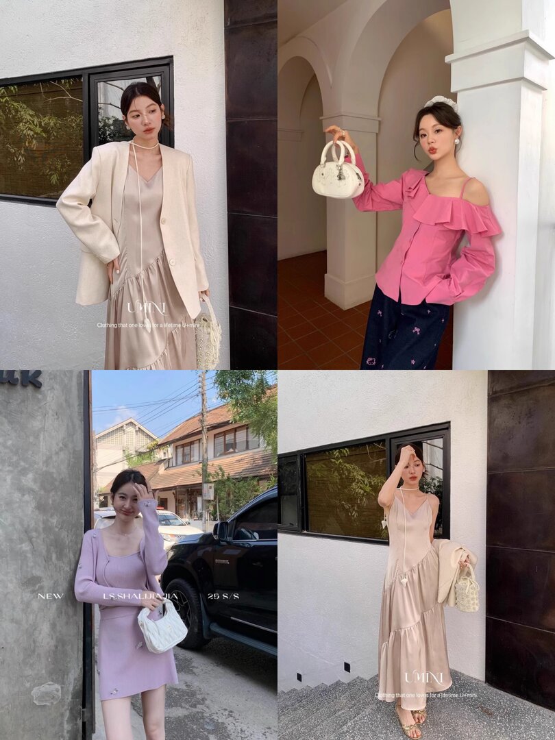Collage of women modeling pastel dresses and tops