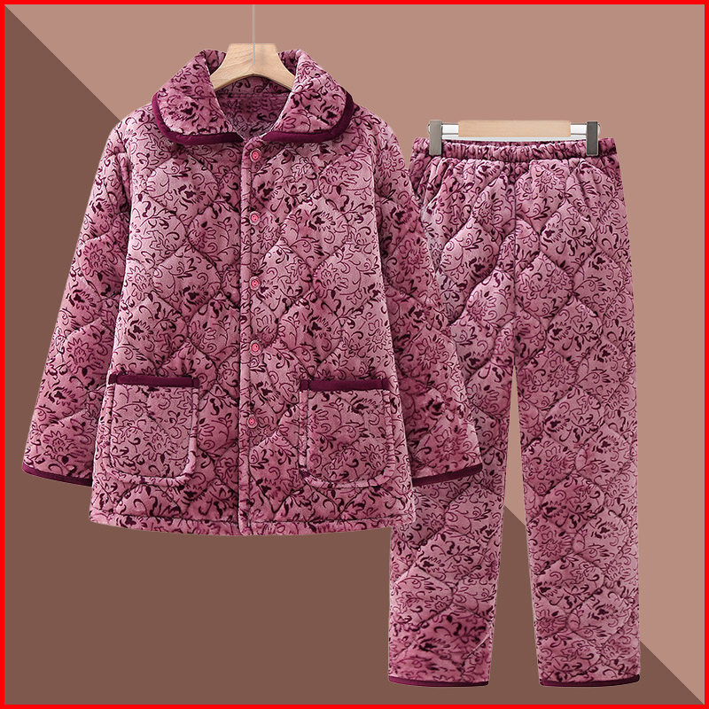 老年人冬装女妈妈棉衣棉裤两件套加厚奶奶家居服睡衣套装珊瑚绒