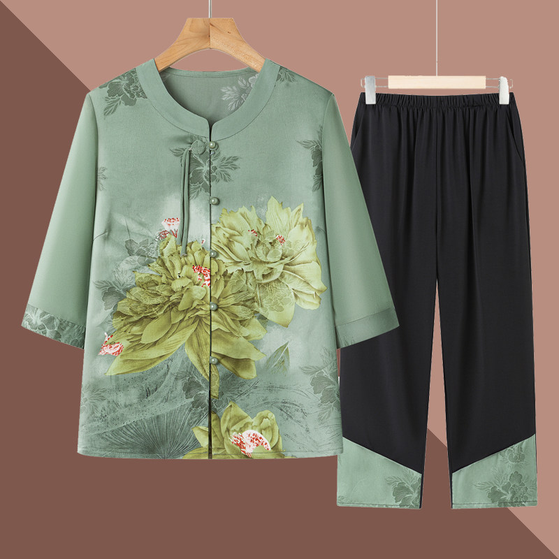 奶奶夏装套装中老年人女装妈妈装国风两件套衬衫老人短袖衣服裤子