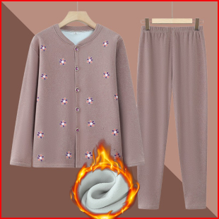 老奶奶加绒厚开衫 中老年人发热秋衣秋裤 德绒保暖内衣套装 妈妈冬季
