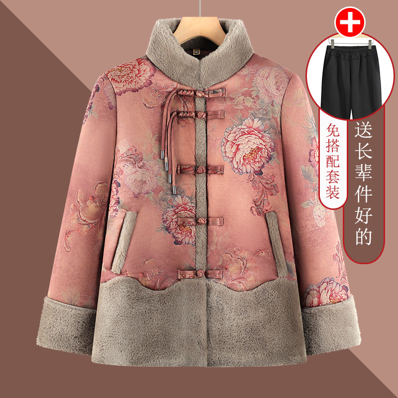 中老年女装妈妈装立领盘扣花色棉衣加绒加厚棉服奶奶装保暖外套
