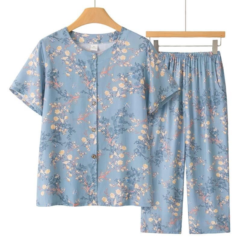 中老年女夏季棉绸开衫睡衣套装