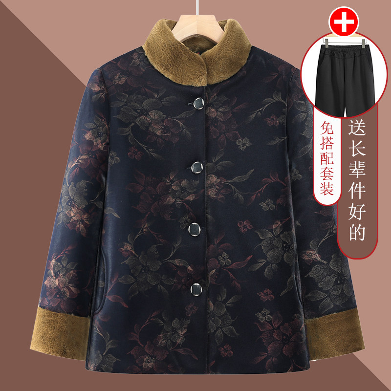 奶奶冬装加绒厚棉袄中老年人女保暖棉服大码外套奶奶唐装绣花棉衣