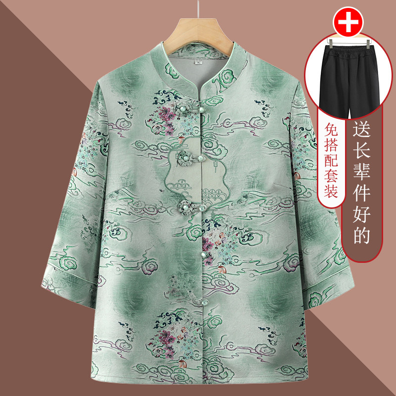 中老年人夏装衬衫女奶奶中国风开衫妈妈上衣老太太七分袖立领唐装