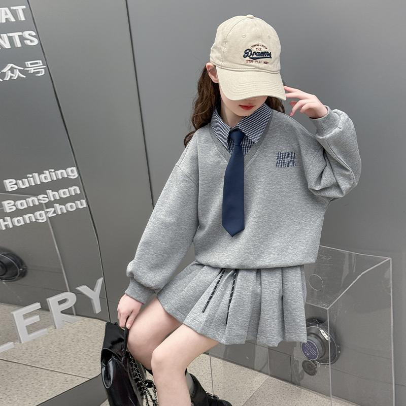 女童25春季新款学院风百褶裙套装