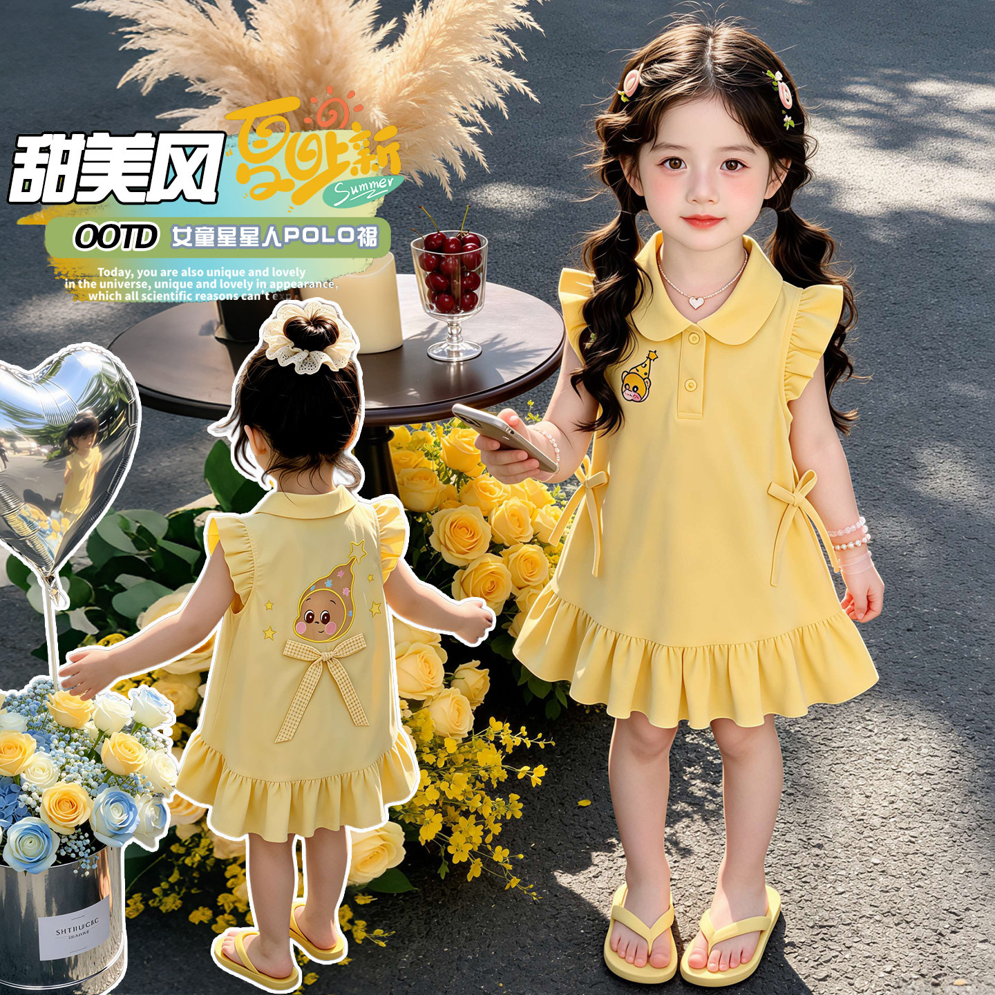 甜美可爱女童POLO衫裙子夏季儿童星星人连衣裙宝宝薄款背心裙夏装