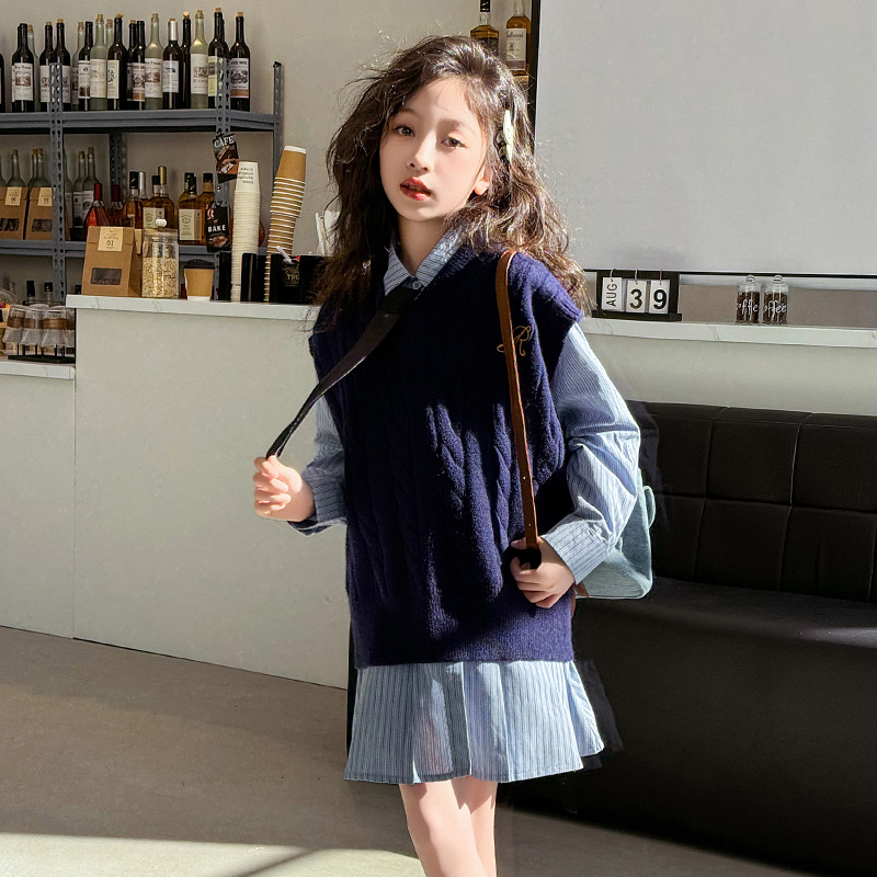 秋装女童衬衫连衣裙套装2025新款洋气中大童女孩韩国时尚马甲套裙