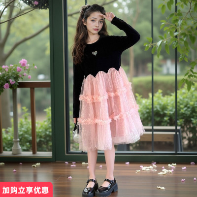 春季长袖拼接纱裙洋气公主裙