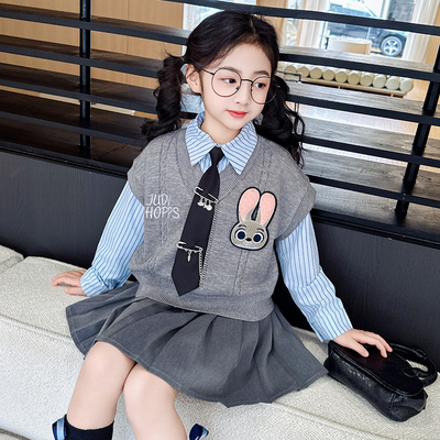 女童2025春季条纹衬衫百褶裙套装