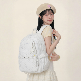 AORDA大容量波点书包初中女生高中生旅游轻便原创ins白色双肩背包