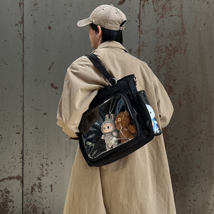 AORDA 原创黑色痛包男学生党斜挎三用大容量双肩二次元追星透明包