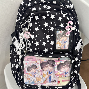 AORDA 黑色痛包书包初中女生高中生大容量电脑包双肩背包娃包吧唧