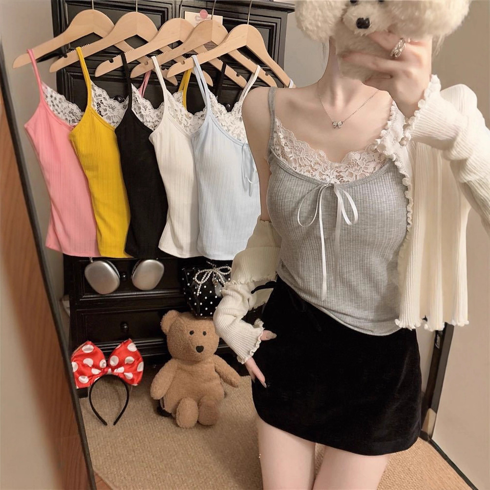 1829#纯欲性感 蕾丝拼接坑条吊带背心女带胸垫内搭修身显瘦打底衫