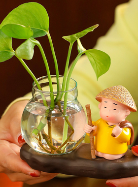 速发创意玻璃花瓶小和尚花器摆件家居饰装绿茶桌品萝花插陶瓷水培