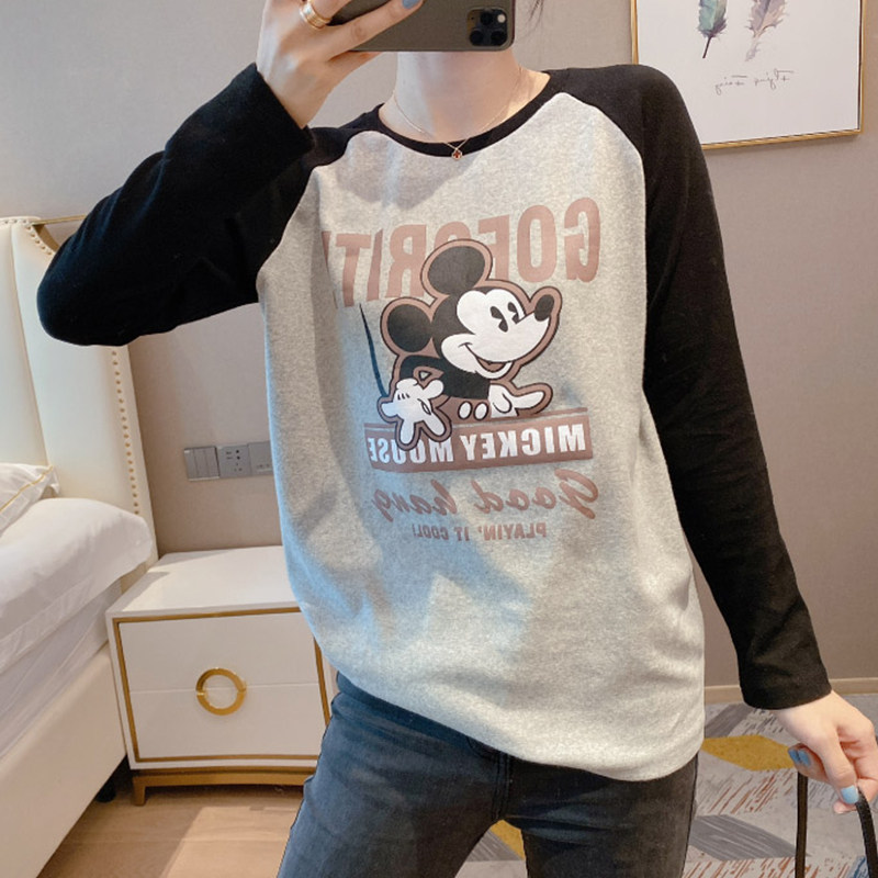 欧洲站2020秋冬新中长款拼色卡通印花洋气长袖T恤女百搭打底衫装