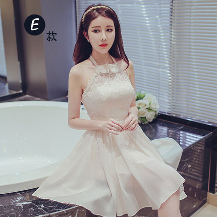 伴娘服短款2017冬季新款伴娘团礼服姐妹裙香槟色小礼服修身连衣裙