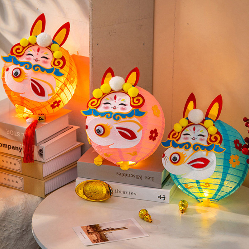 元宵节卡通兔子灯笼手工diy材料包幼儿园儿童手提发光可爱兔灯笼