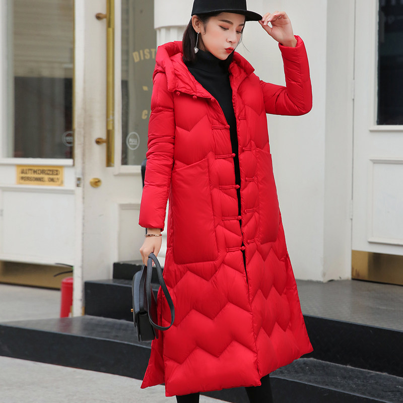 断码清仓2023民族中国风盘扣冬韩版潮加厚连帽过膝中长款羽绒服女