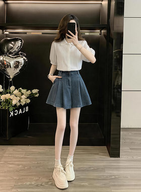 夏季甜美白色衬衫牛仔裙两件套